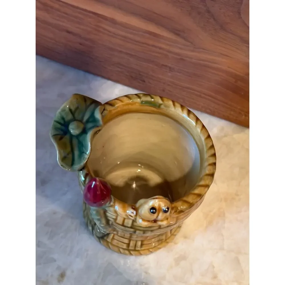 Vintage small pottery vase majolica frog and lily pad
